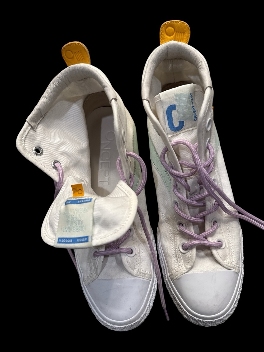 NYC White High-Top Sneakers with Lavender Laces and Yellow Heel Tabs